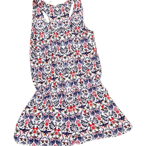 Joie 100% silk bird blue red print Sleeveless romper tie elastic waist sz small - Picture 2 of 9